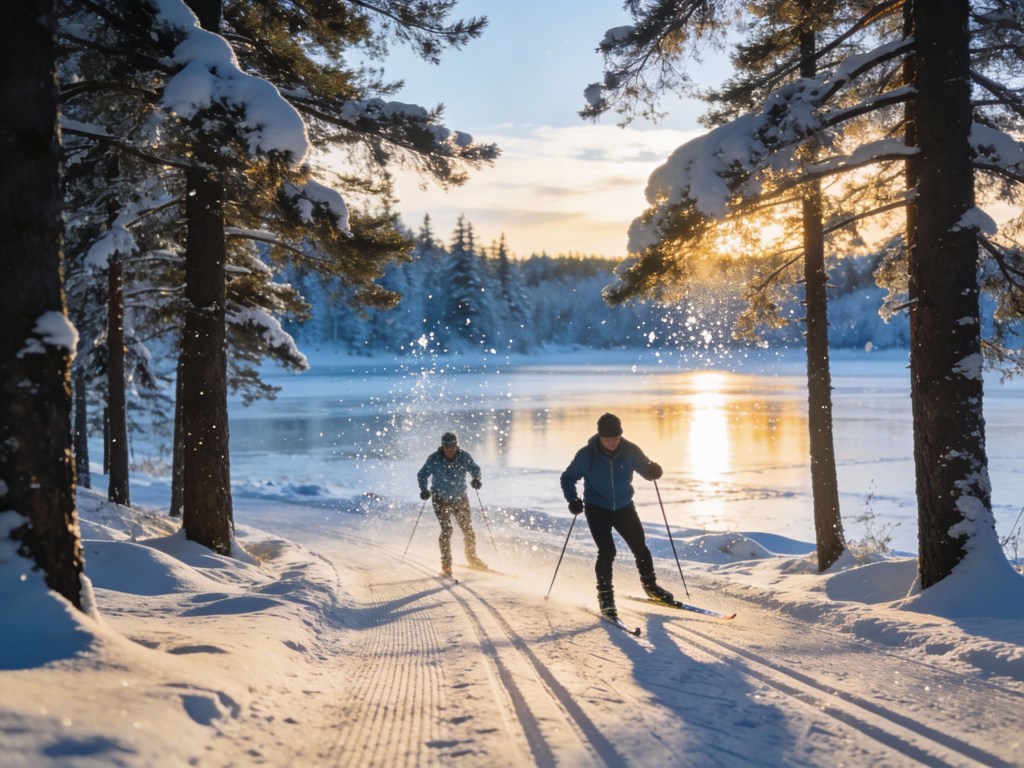 Skieurs de fond auprès d'un Lac